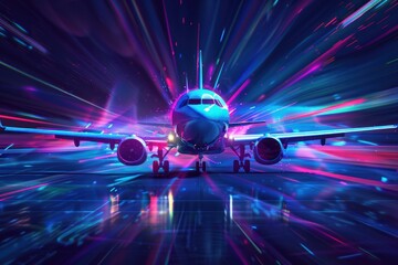 Airplane on the Runway with Neon Lights