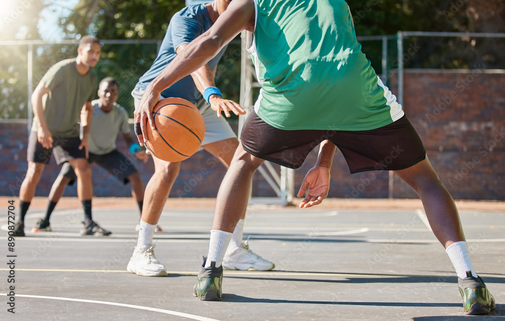 Wall mural Sports, training and teamwork with friends on basketball court for fitness, health and performance. Competition, games and summer with basketball player for exercise, workout and energy together