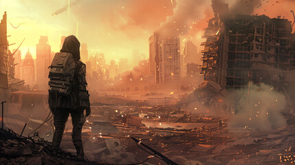 Post-apocalyptic survivor in a ruined cityscape