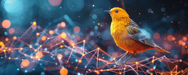 small virtual canary bird standing on low poly digital surface in metaverse concept banner, Generative AI