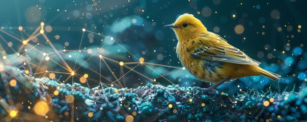 small virtual canary bird standing on low poly digital surface in metaverse concept banner, Generative AI