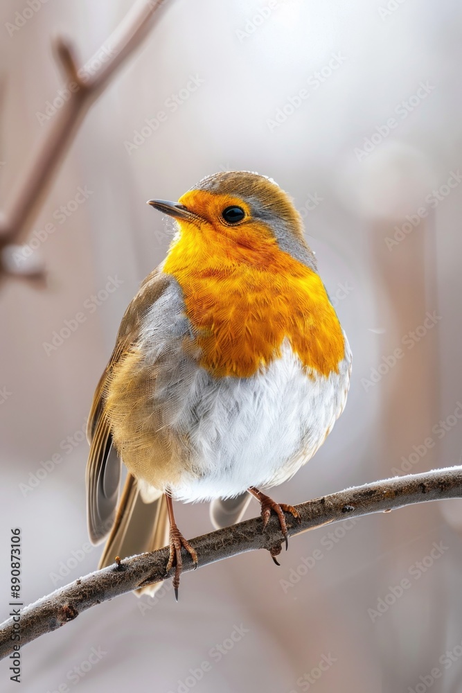 Poster a small orange and white bird perched on a branch, suitable for use in nature or wildlife-related co
