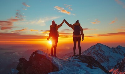 Couple celebrating success on mountain top by holding hands up in the air, Generative AI