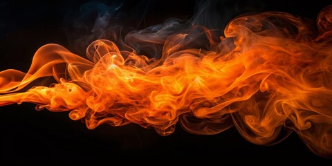 Vibrant orange smoke flows in slow motion on a dark background, showcasing smooth fire movement and an elegant flame dance, evoking a hookah lounge ambiance.