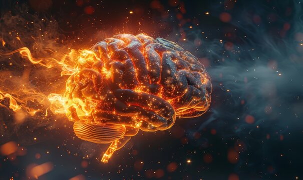 Side  view of Brain on fire, exploding brain,  disease concept like Parkinson's, Alzheimer's , dementia or Multiple Sclerosis, Generative AI