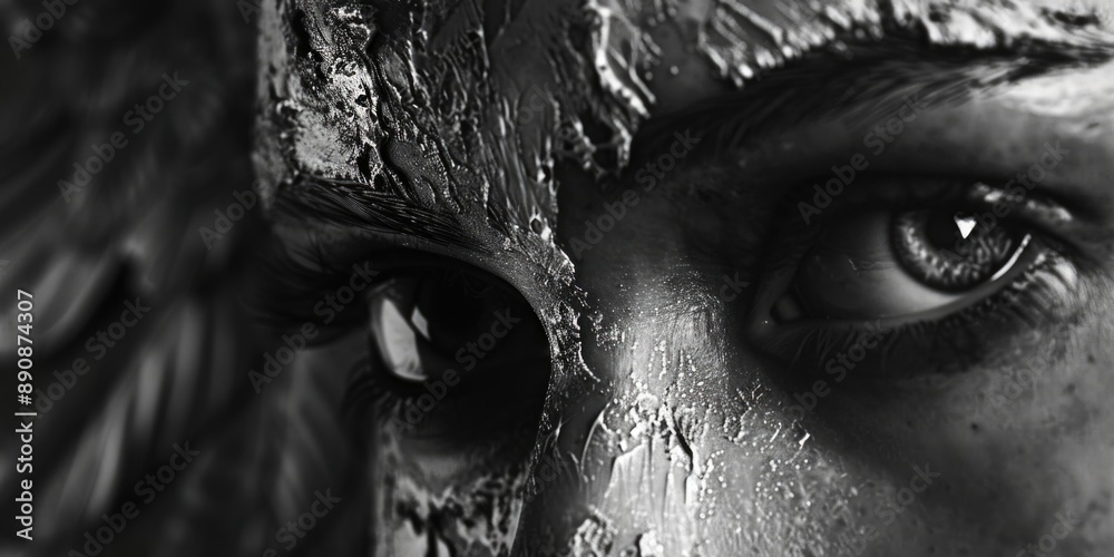 Poster a close-up view of a woman's face statue, suitable for use in art history or educational contexts