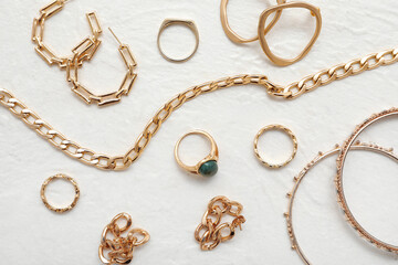 Different stylish female jewelry on light background, closeup