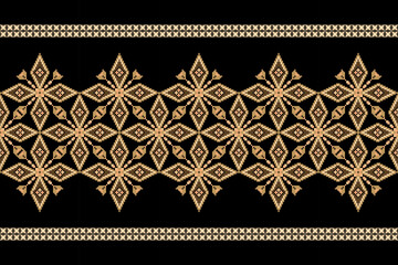 Geometric floral pattern on black background vector illustration.flower ethnic pixel pattern,Aztec style,abstract background.design for texture,fabric,clothing,decoration,print,sarong.