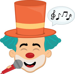 vector illustration face character clown cartoon, singing with a microphone in hand, a speech bubble and musical notes