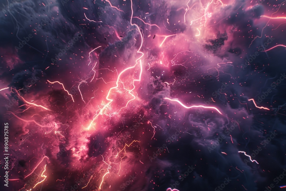 Poster a dramatic shot of lightning storms in the sky, with multiple bolts of light flashing across the clo