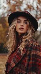 Naklejka premium Autumn Plaid Fashion - Woman in Park, Generative AI
