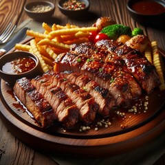 Delicious Grilled Steak with French Fries, Broccoli, and Caramelized Pineapple - Perfectly Seasoned and Garnished with Sesame Seeds and Herbs”