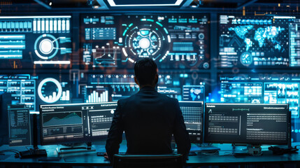 A man is sitting in front of a computer monitor with several screens