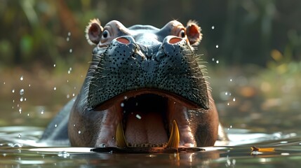 Laughing and funny hippopotamus in the water close up