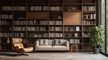 Modern Beige Sofa and Armchair in Bright Library with Large Windows and Wooden Shelves