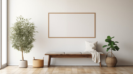 Modern Bench with Cushion and Indoor Plants in Bright Room with Wooden Floor and Wall Art