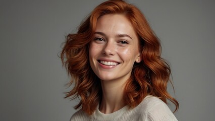 Fototapeta premium Beauty portrait of happy attractive young woman with glowing healthy radiant pure skin and beautiful hair. Pretty european girl model smiling on background advertising skin care cosmetic