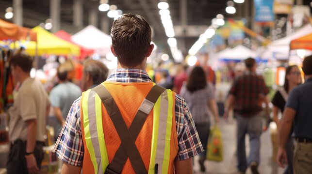 An Agricultural Inspector, wearing a safety vest, walks through a bustling agricultural trade show, promoting industry standards and best practices.