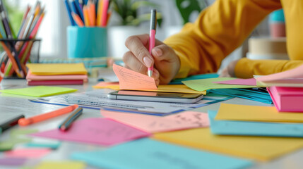 Creative Workspace with Colorful Sticky Notes and Office Supplies on Desk