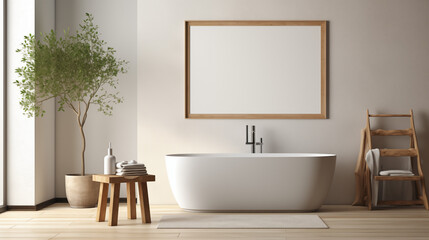 Elegant Bathroom With White Freestanding Tub Wooden Ladder and Greenery Creating a Calm and Stylish Environment