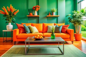 Modern living room interior with orange, yellow, red, blue, white pillows  sofa coffee table and vases