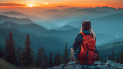 Adventurous Woman Watching Sunset Over Mountain Range