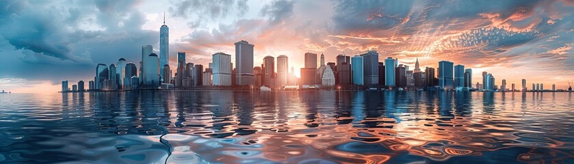 Fototapeta premium Panoramic view of a modern city skyline reflecting in water with a dramatic sunset sky, creating a stunning and serene urban landscape.