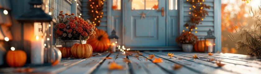 Autumnal porch with pumpkins, lanterns, and fall decor.