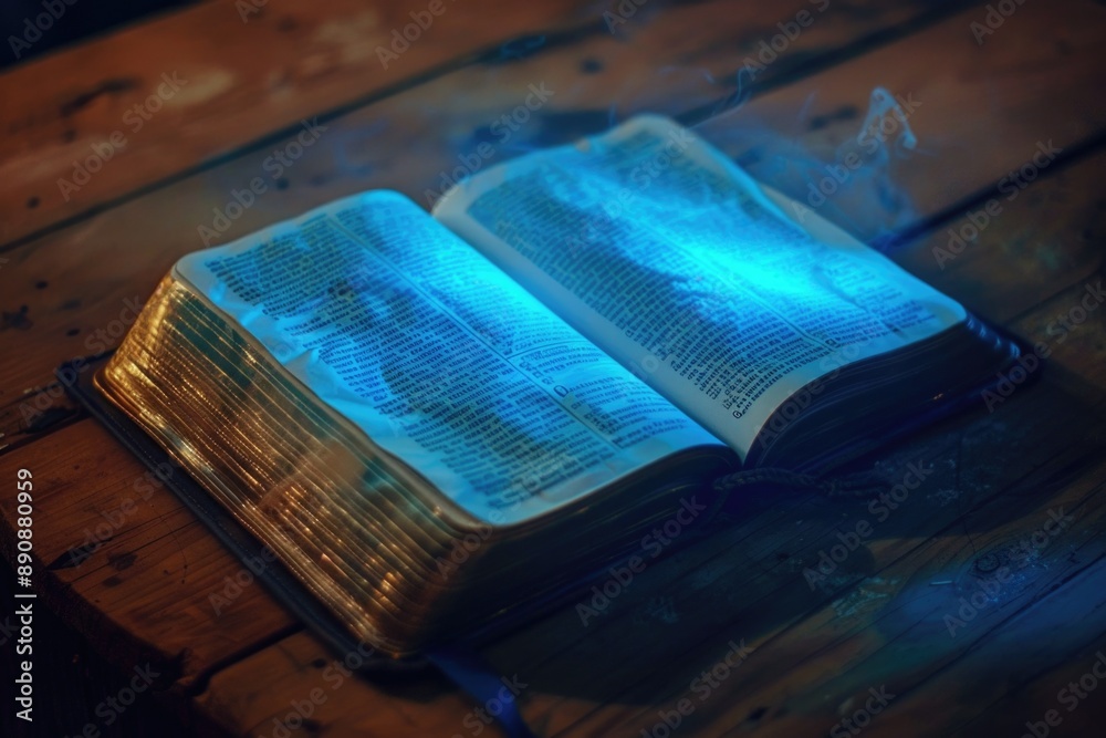 Poster a book lying open on a wooden table with a calm and peaceful atmosphere