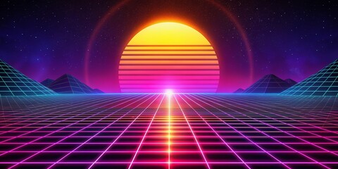Vibrant neon-lit grid converges with sunset hues, evoking a retro-futuristic atmosphere, reminiscent of vintage cyberpunk illustrations and synthwave landscapes.