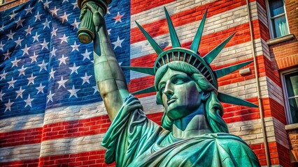 Obraz premium Vibrant mural of iconic liberty statue and waving national flag covers urban building facade, symbolizing freedom and patriotism in bold street art expression.