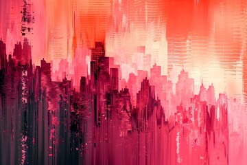 Obraz premium Bold Gradient Glitch Pixels in a Futuristic Urban Landscape with Generative Algorithms and Procedural Rendering