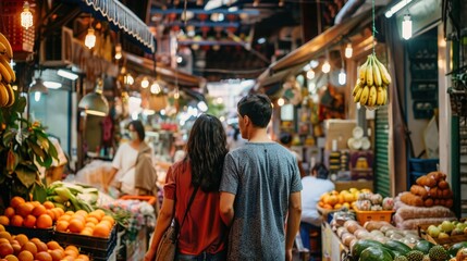 Obraz premium A couple exploring a vibrant city market, discovering unique items and tasting local foods