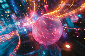 Captivating Abstract Light Display with Pulsating Multicolored Spheres and Bending Beams of Chromatic Luminescence