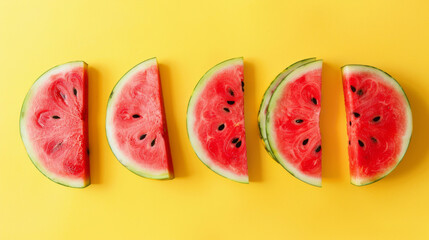 Slices of bright red watermelon are lined up on a yellow background.