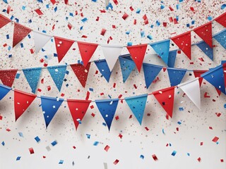 Obraz premium Vibrant red, white, and blue bunting and confetti fall against a pure white background, creating a festive and celebratory atmosphere perfect for patriotic holidays.
