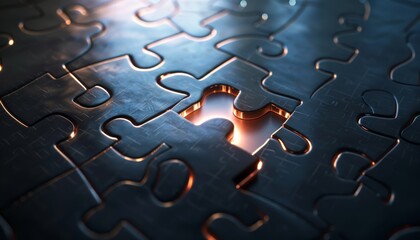 Glowing puzzle piece completing shield symbol in 3d render on glossy metal surface