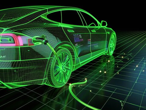High res 3d wireframe of electric car charging with green energy and holographic effect