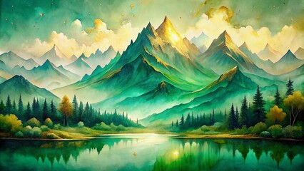 Vibrant fluid green watercolor ink abstractly depicts a majestic mountain landscape with subtle gold accents, evoking luxury and serenity under a radiant sunlight sky.