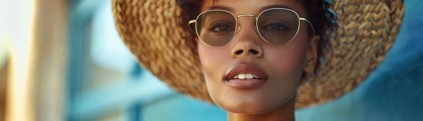 Close-up portrait of a woman wearing sunglasses and a straw hat. © Katavudh