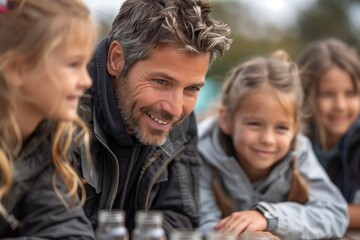Fototapeta premium Happy Family Man and Daughters Looking at Something Together During Outdoor Activity