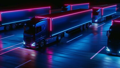 Futuristic autonomous truck fleet on highway, self driving for transportation autonomy concept