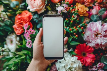 Hand holding smartphone with blank white screen, bouquet of flowers on background. Delivery app, online flower shop concept. Copy space. Generative AI