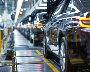 Obraz premium Highly efficient assembly line of modern automobiles in a bustling manufacturing plant