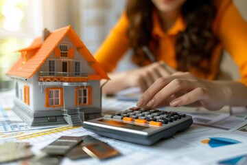 Woman calculating mortgage cost on calculator. Expenses on refinancing of home loan. Real estate investment concept, Generative AI