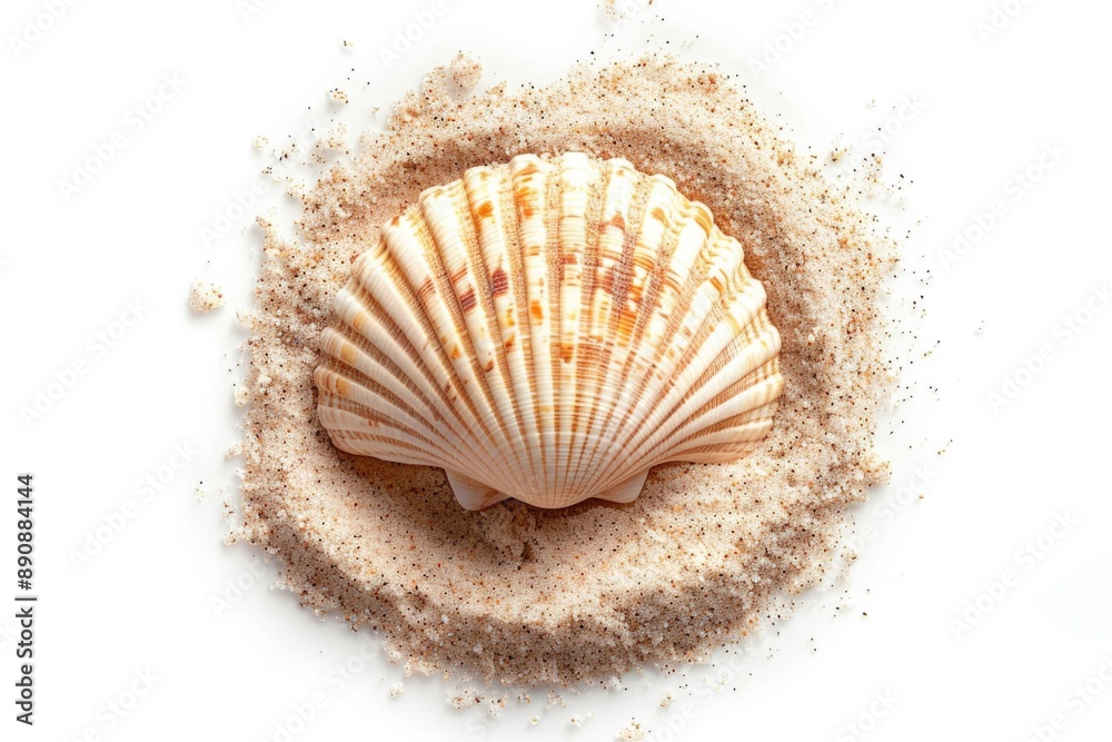 Aufkleber A shell buried in the sand on a white surface, suitable for use as a decorative element or in a beach-themed design