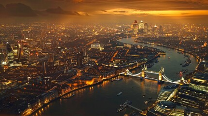 Naklejka premium London skyline at dusk with a view of its iconic landmarks. The city is bathed in warm, golden light as night approaches. Perfect for travel and architectural stock. AI