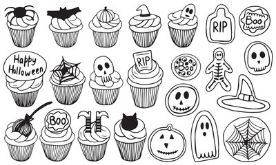 Halloween cookies and cupcakes vector sketches set. Different Halloween scary desserts set