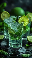 Homemade lemonade or mojito cocktail with lime, mint and ice cubes in a glass on a light stone table. Fresh summer drink