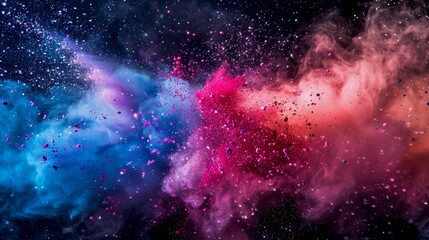 Vibrant Color Explosion in Space. Abstract powder clouds in blue and pink hues. This dynamic image captures the fusion of color and texture. Ideal for artistic projects and creative backgrounds. AI